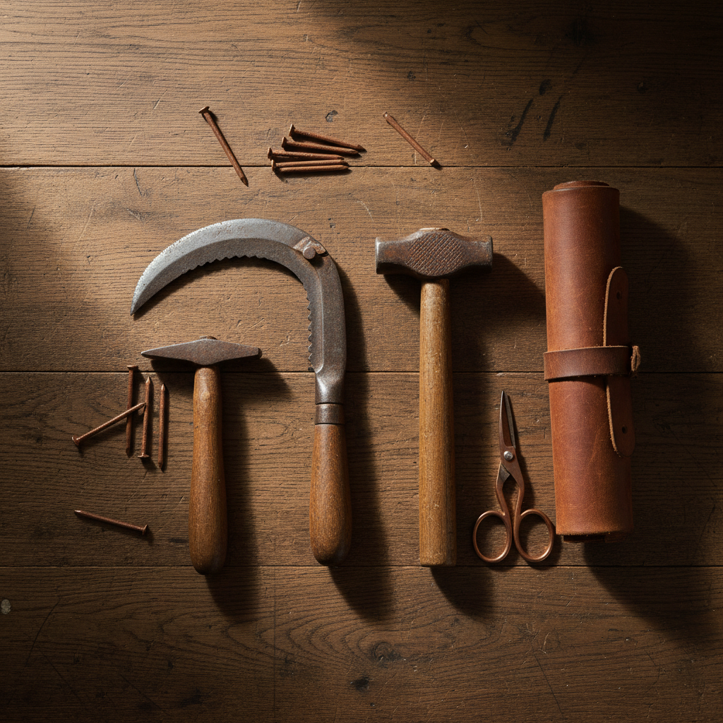 Hand tools of the trade, neatly arranged.