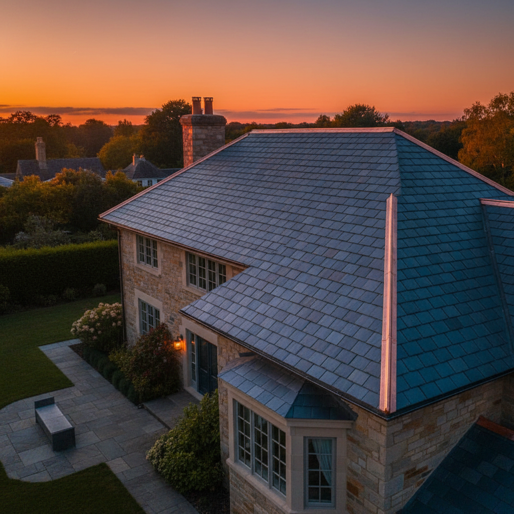 A finished roof, scaffold coming down at dusk.