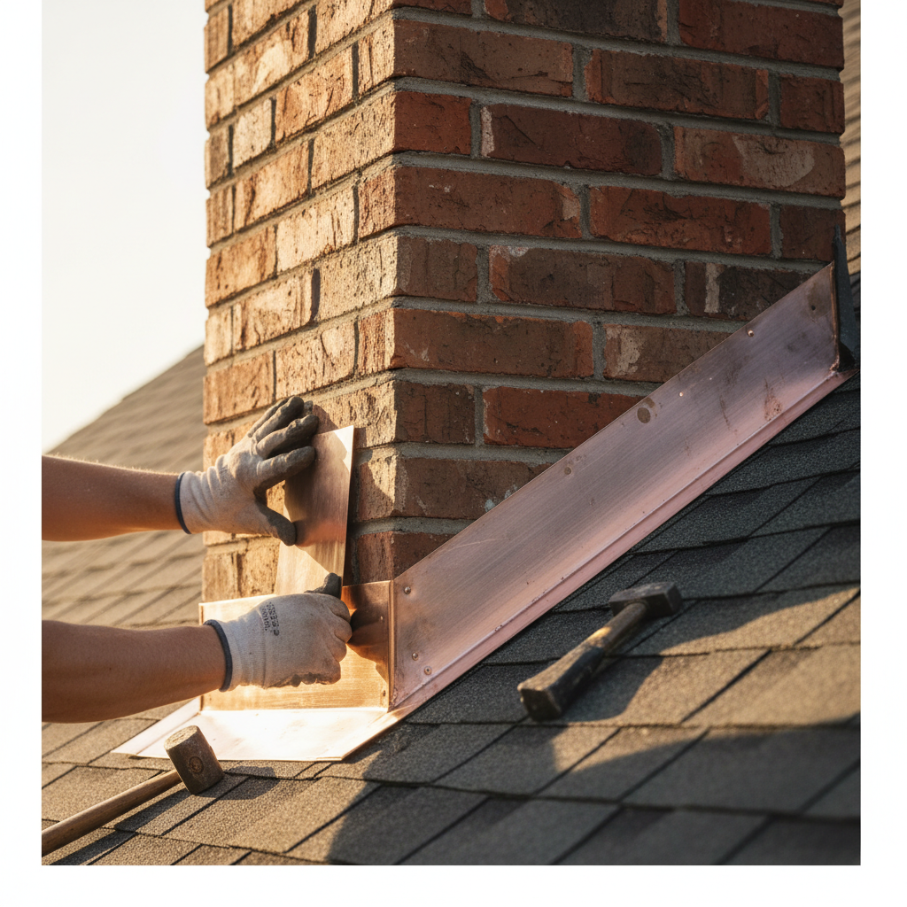 A roofer dressing lead flashing at a chimney.