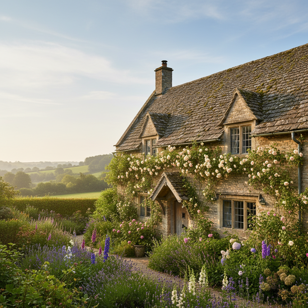 Stone cottage roofline at dusk.
